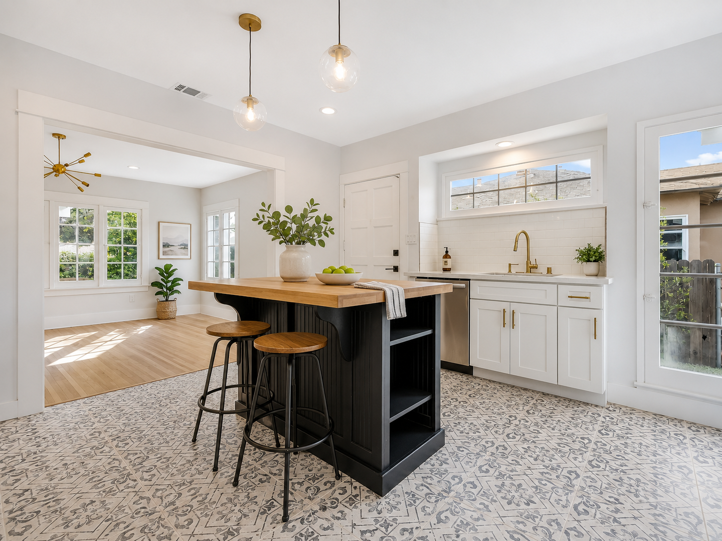The Ross Home kitchen and dining area with a butcher-block island