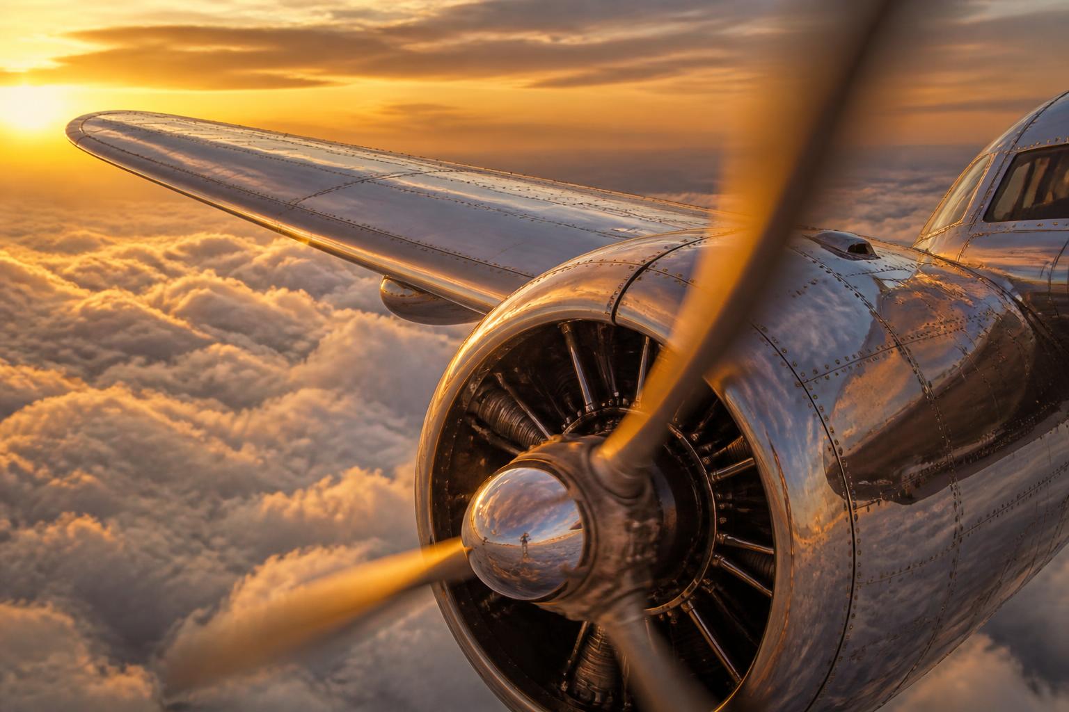 A vintage propeller airliner wing and engine viewed from a passenger window above the clouds