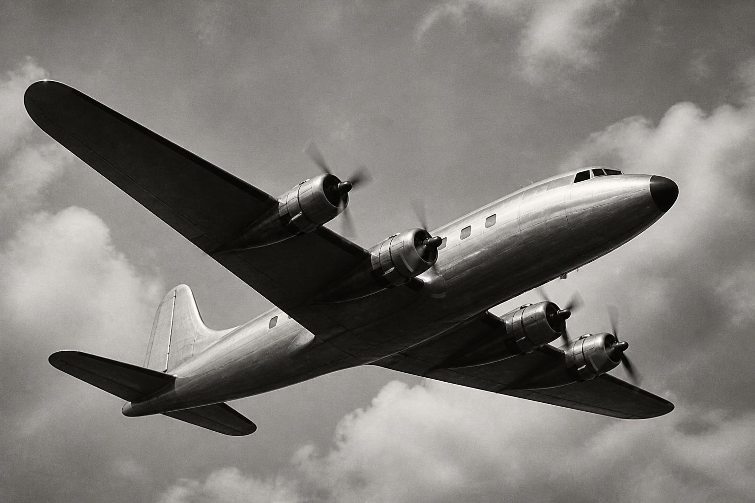 A propeller aircraft photographed in black and white