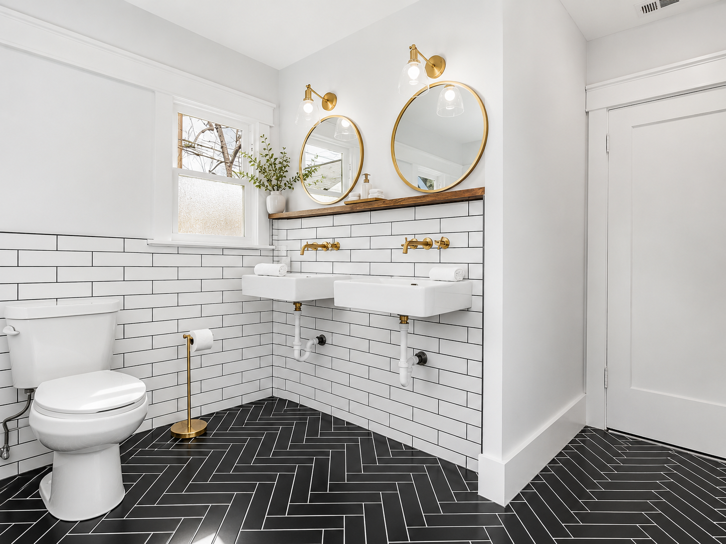 A renovated bathroom at the Ross Home with subway tile and brass fixtures