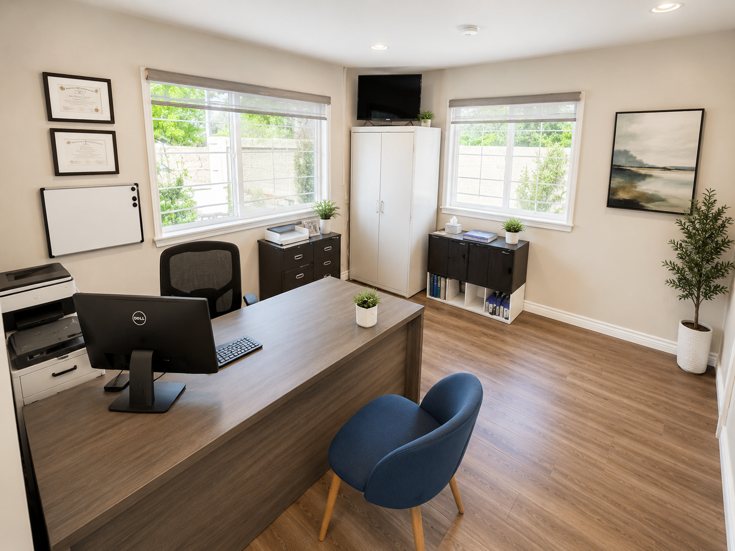 A private therapy office with a desk and comfortable seating