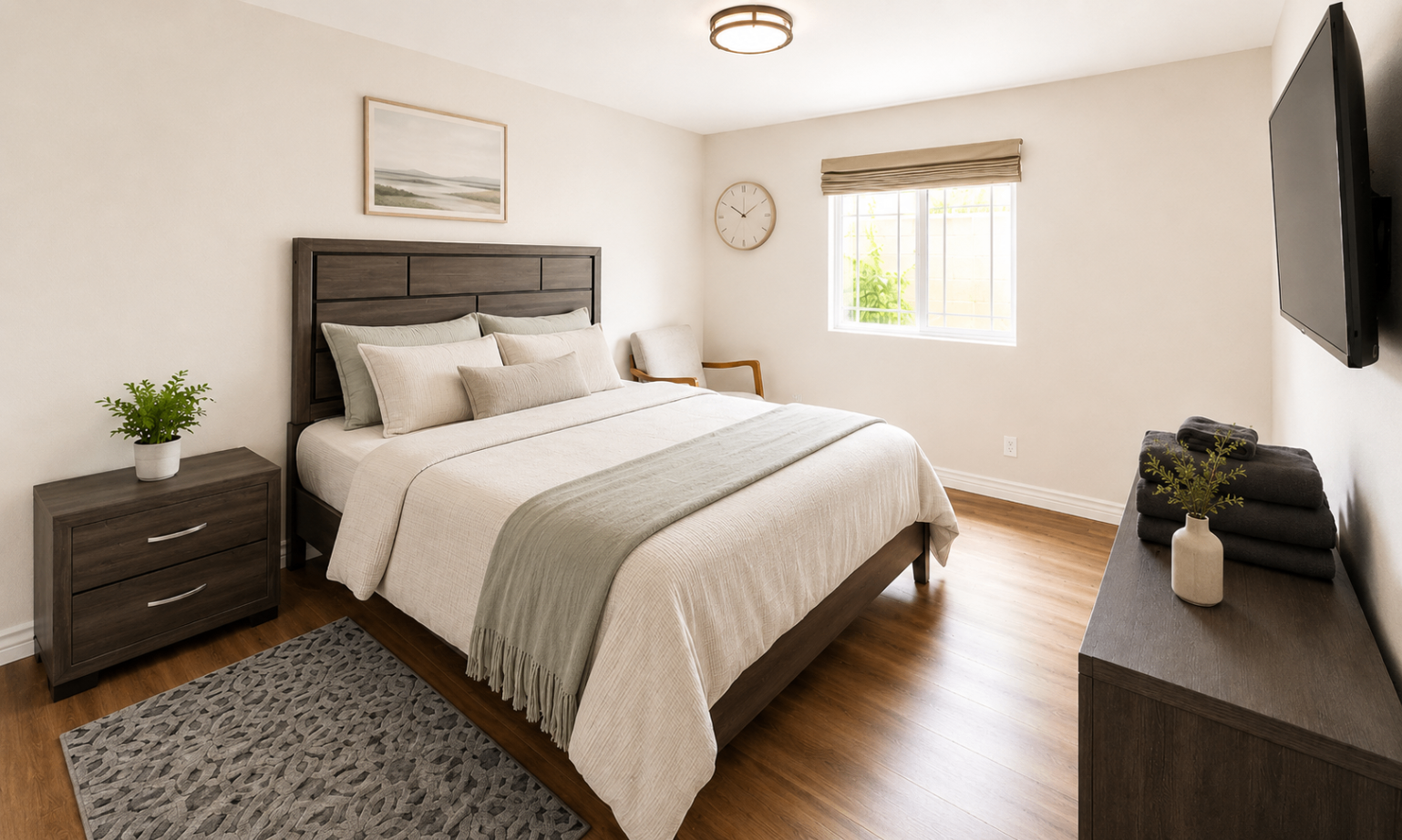 A restful bedroom at Hangar Two with a queen bed, area rug, and soft natural light