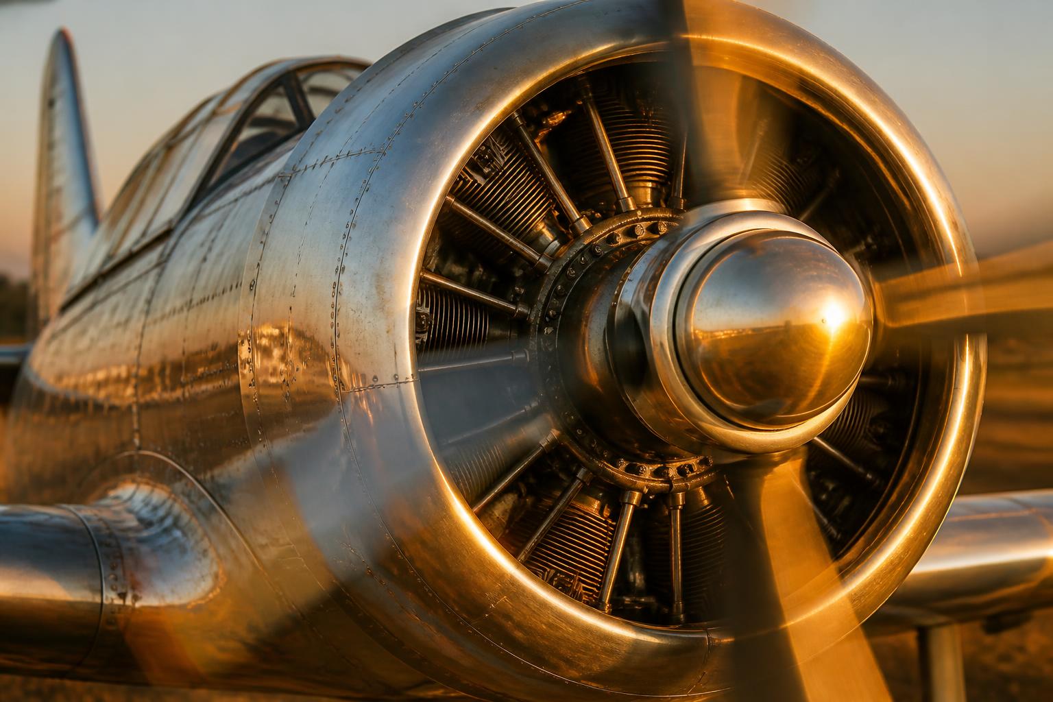 Aircraft propeller catching golden-hour light