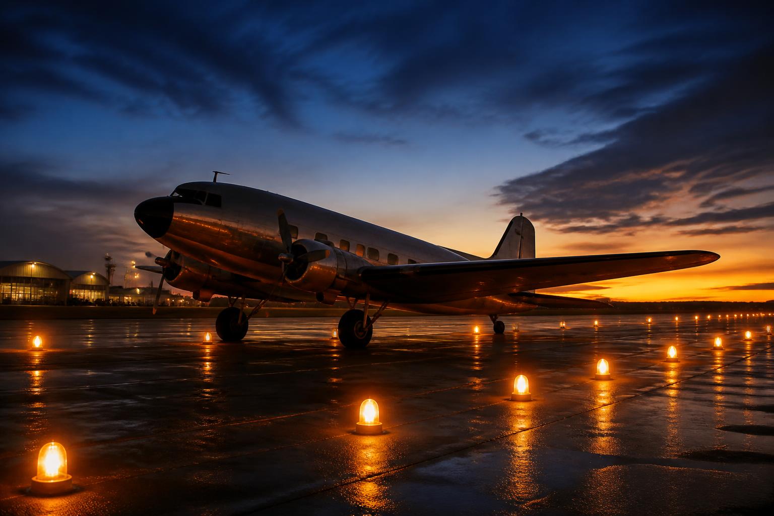 Runway lights glowing at dusk