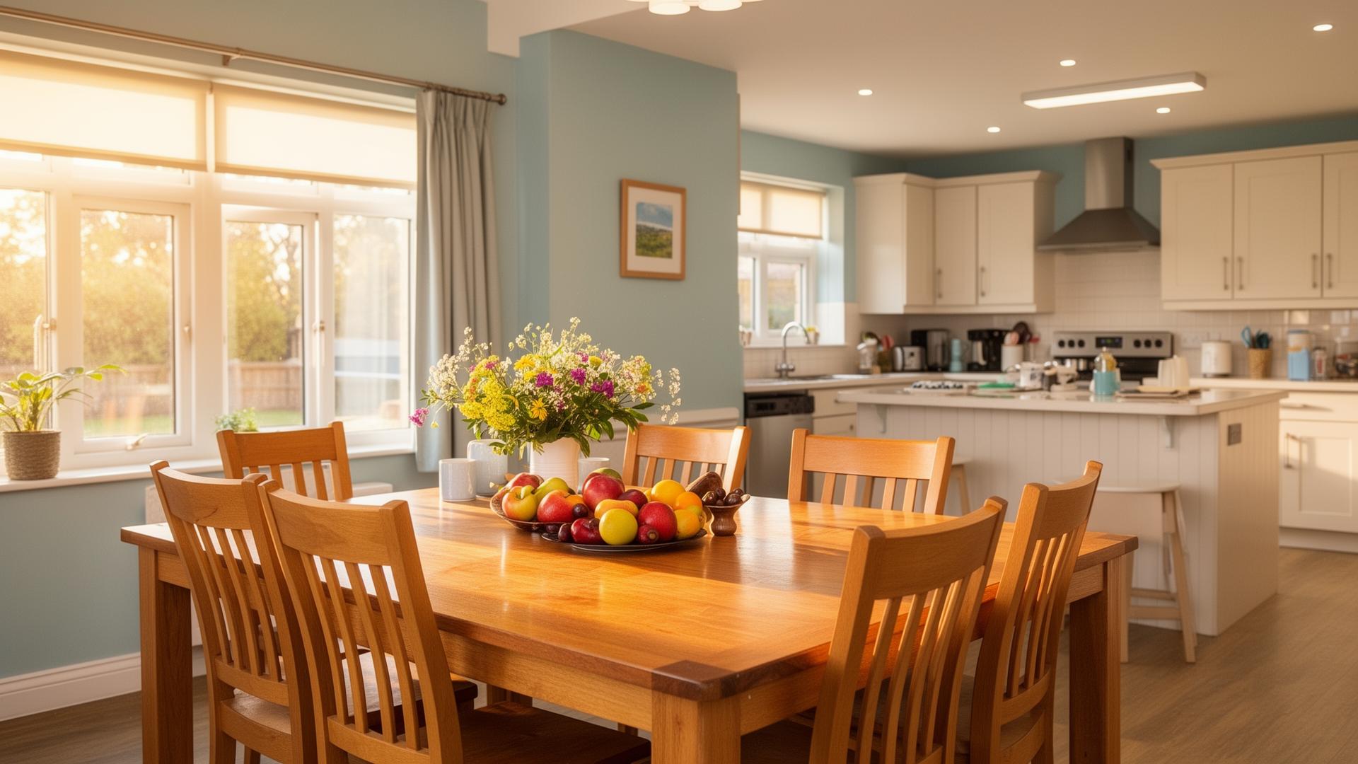 A sunlit kitchen and dining room with a long wooden table set for a shared meal