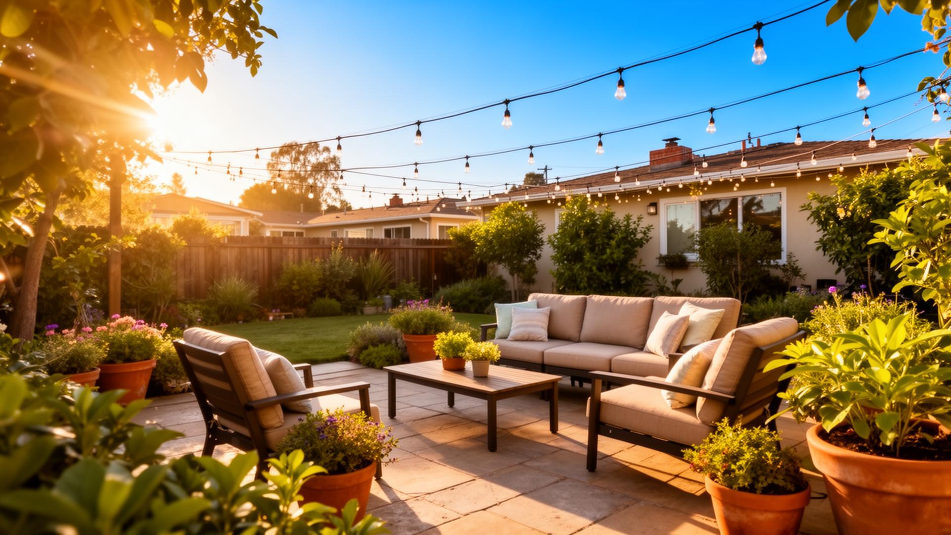 The garden patio at golden hour with lounge seating, potted plants, and string lights