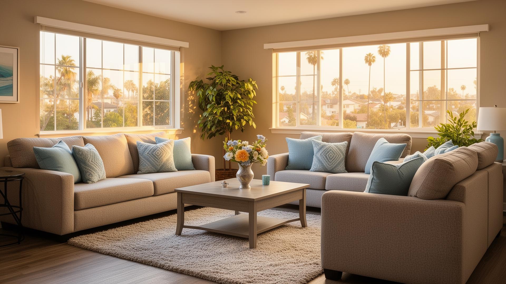 A comfortable communal lounge with two sofas and wide windows looking out on palm trees
