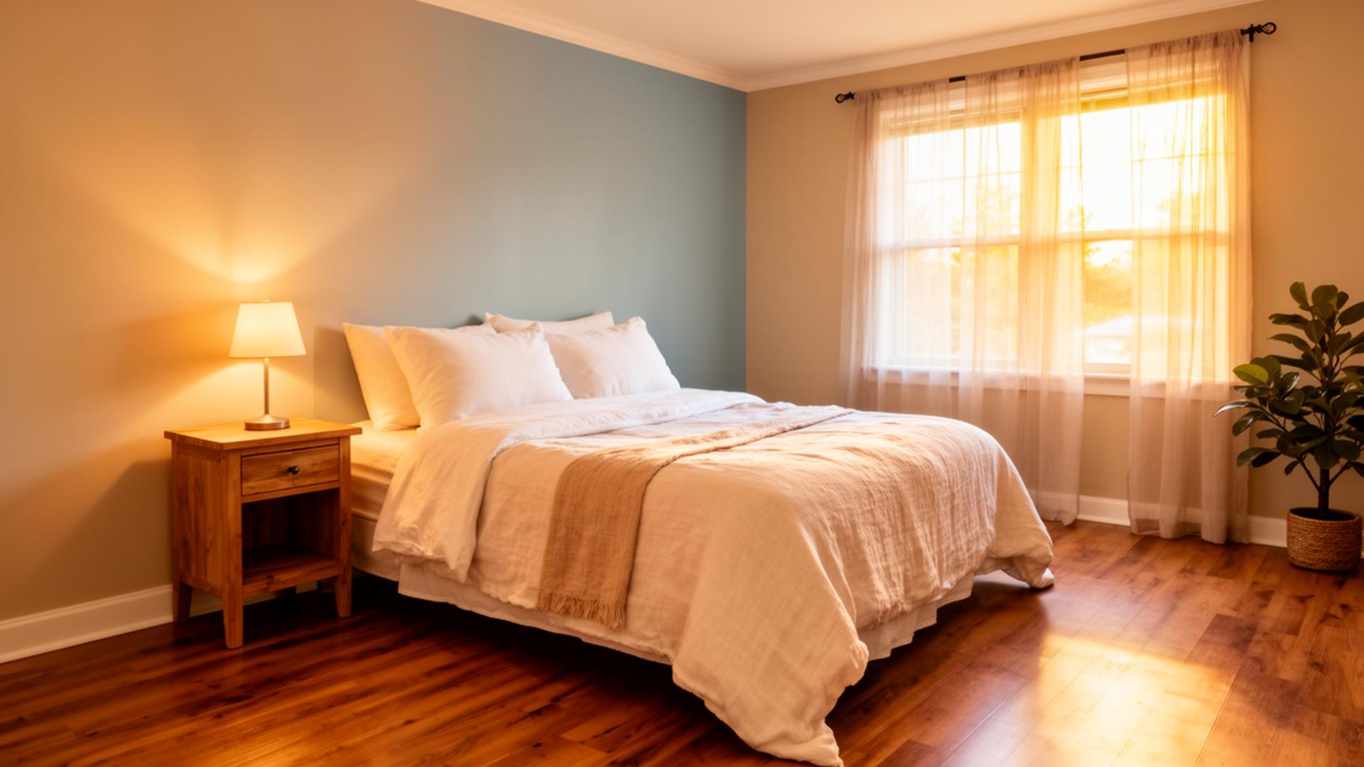 A warm private bedroom with a queen bed, bedside lamp, and sheer curtains at sunset