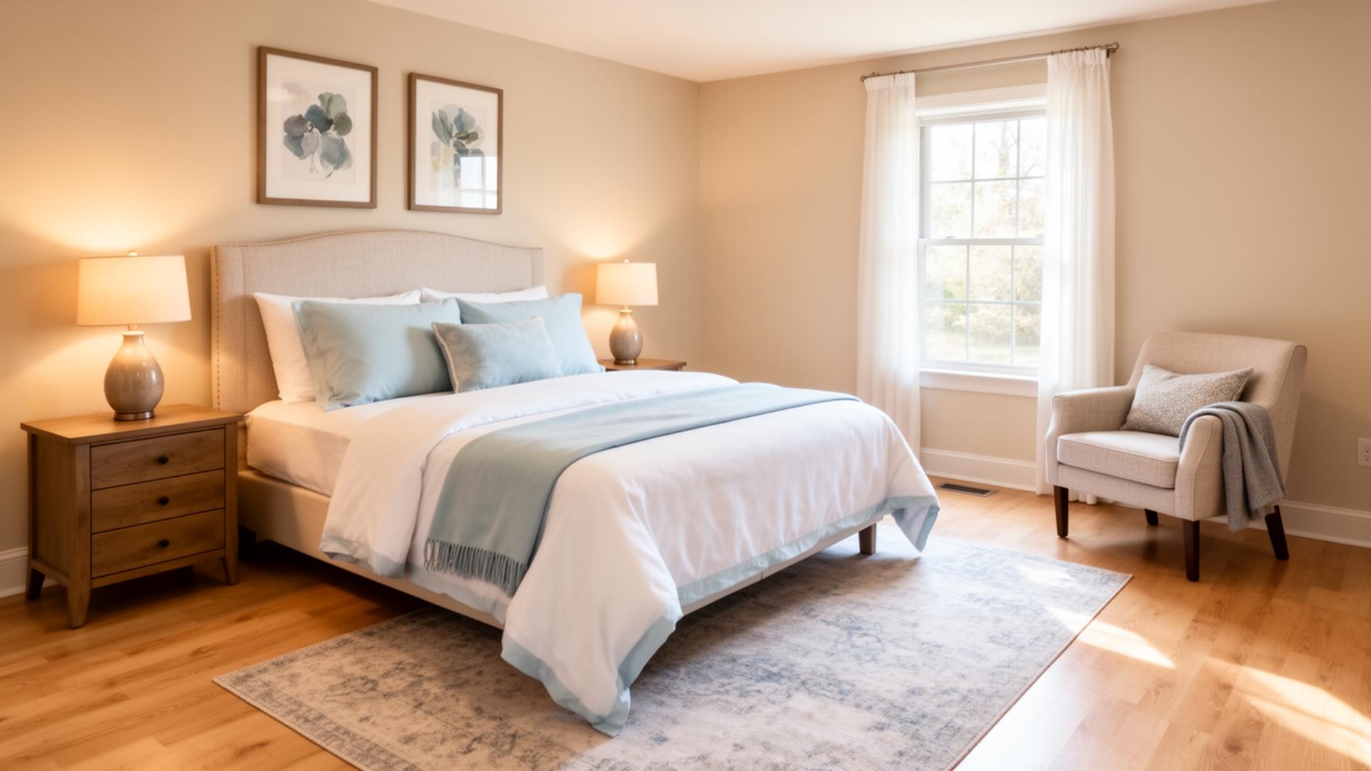 A bright private bedroom with a queen bed, reading chair, and morning light through the window