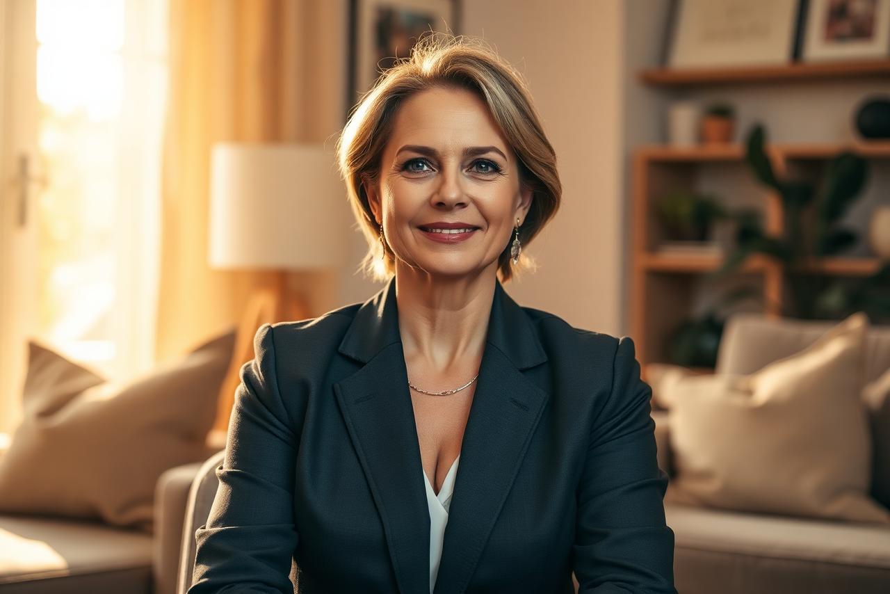 A composed professional woman in a warm, private residential setting