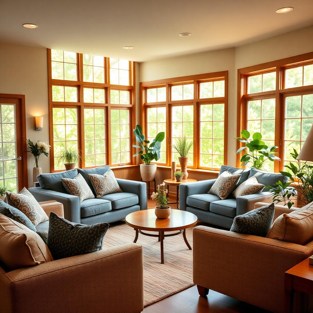 A sunlit common room with soft seating, plants, and tall windows