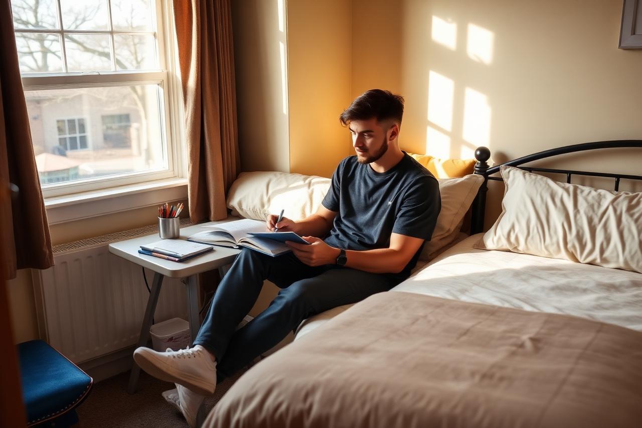 An adult student reading and taking notes in a comfortable private room during treatment