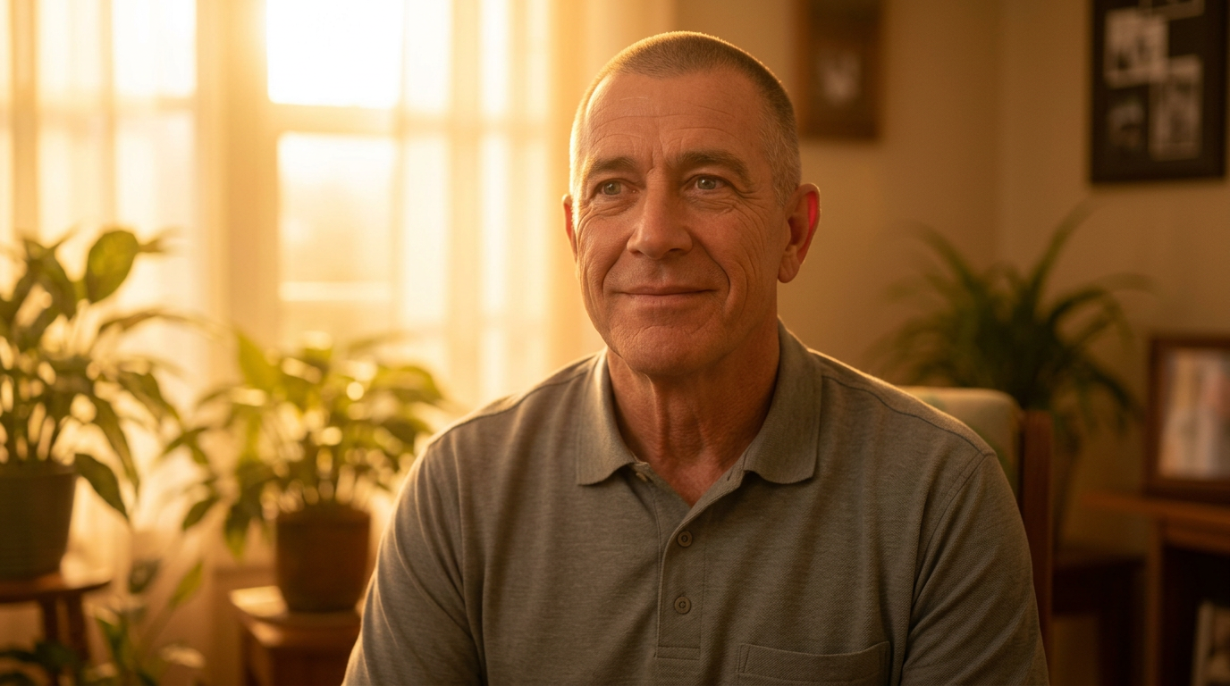 A man in his fifties sitting in a warm, sunlit room, looking calm and steady