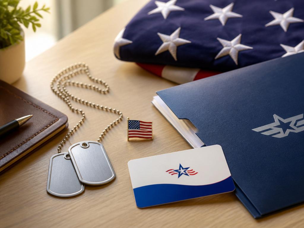 Military dog tags, a folded American flag, a TRICARE card, and veteran benefits documents on a light wooden desk