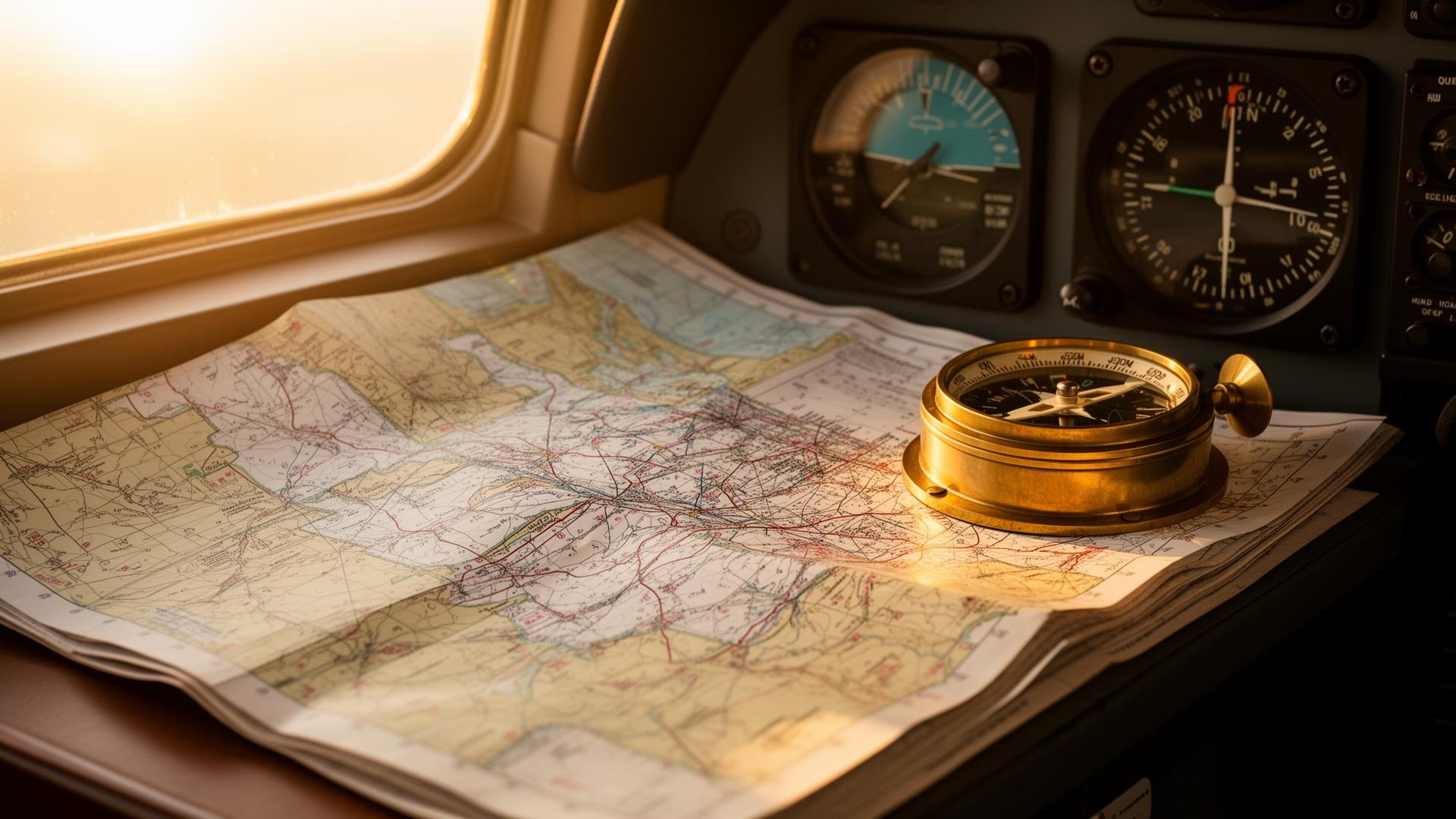 A pilot's aeronautical navigation chart and brass compass in a cockpit at golden hour